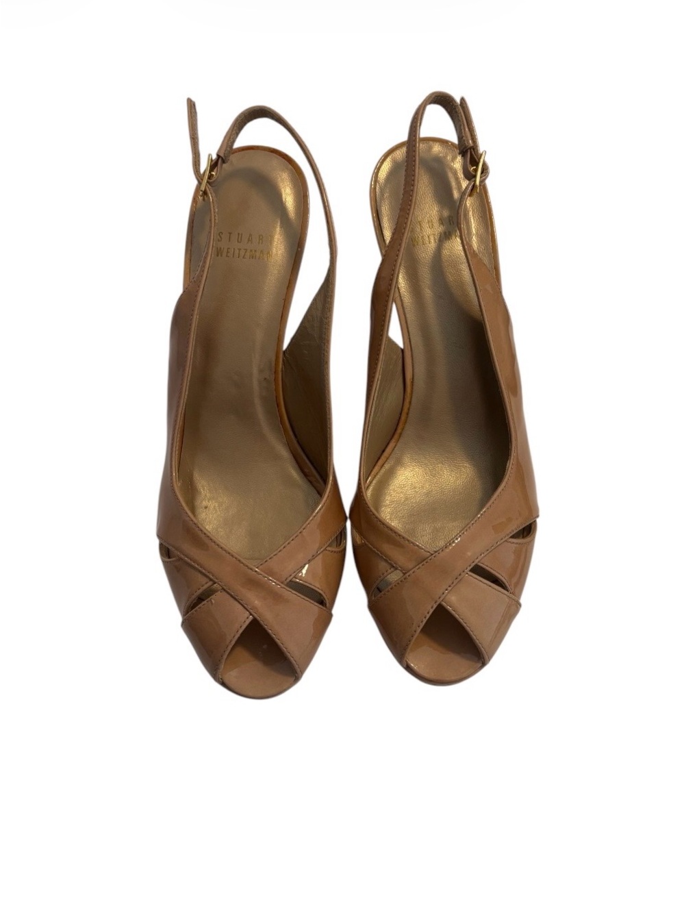 Stuart Weitzman Nude Patent Leather Slingback Peep-Toe Pumps - Picture 2 of 8